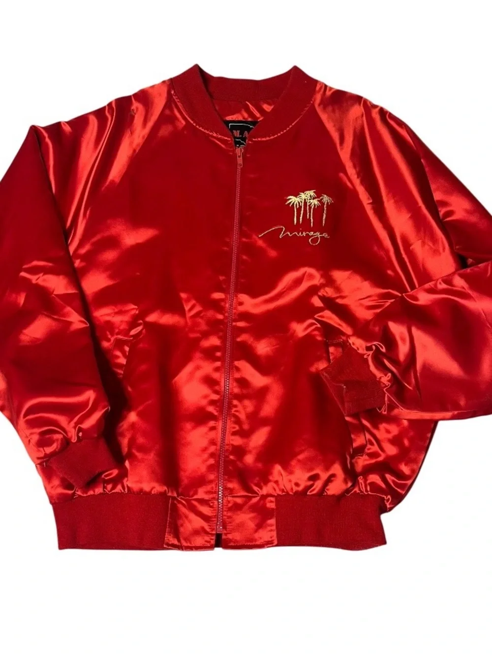 MIRAGE Las Vegas Vintage Number Jacket Red Satin 90’s Size XXL Embroidered